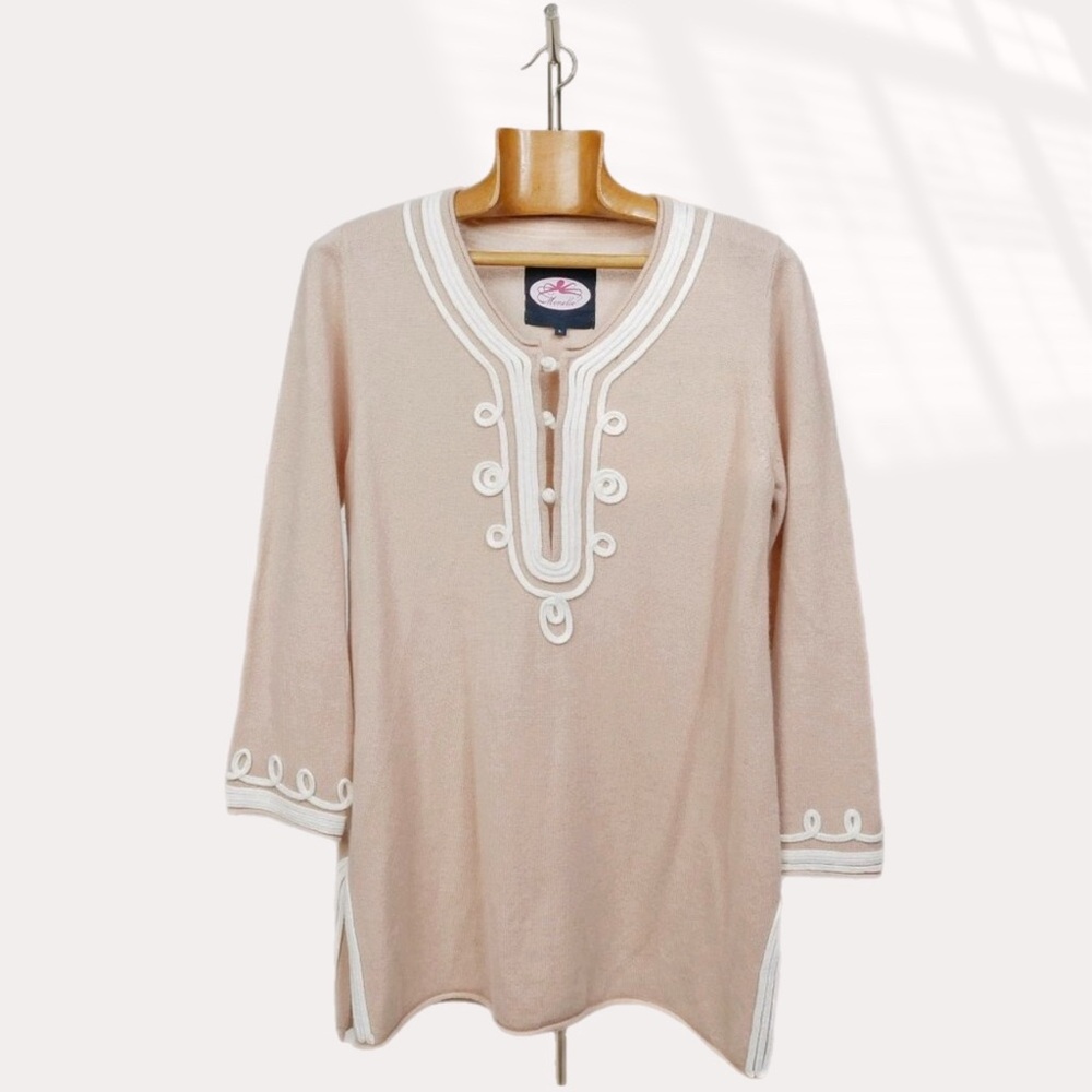 Monelle | Newport cashmere tunic sweater camel & white embroidered Large